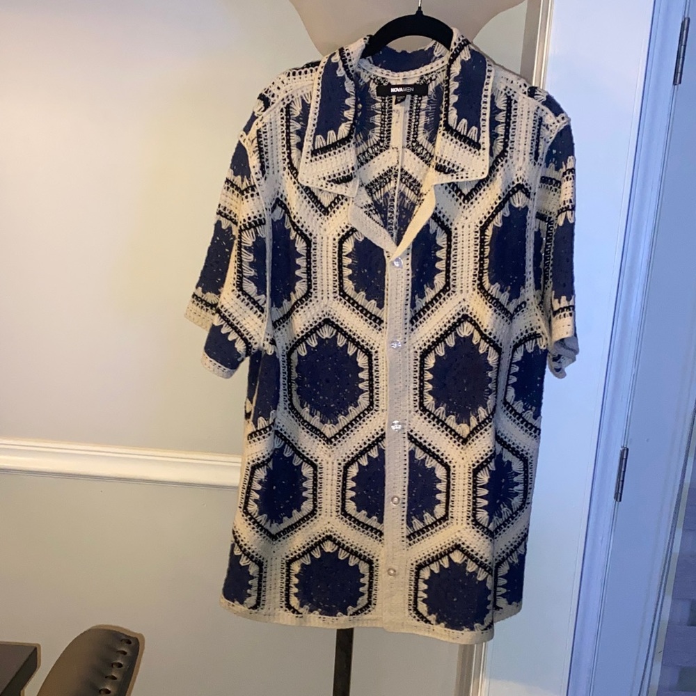 Men's Blue and Cream Casual Button Down Shirt